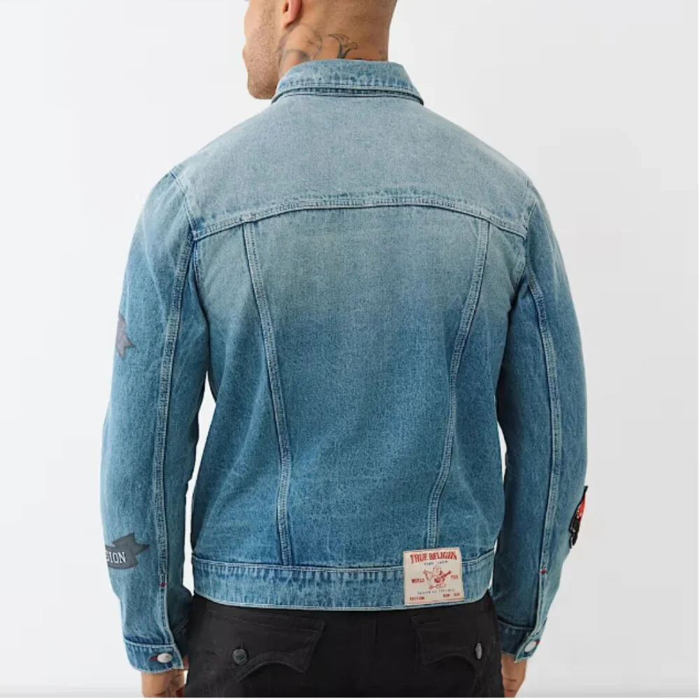NWT Vintage inspired True Religion Denim Jacket Y2K 2002 Patches Medium Wash L
